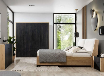Bedroom Set Beige Bed 2x Bedside tables Chest of drawers Wardrobe Modern 5-piece.